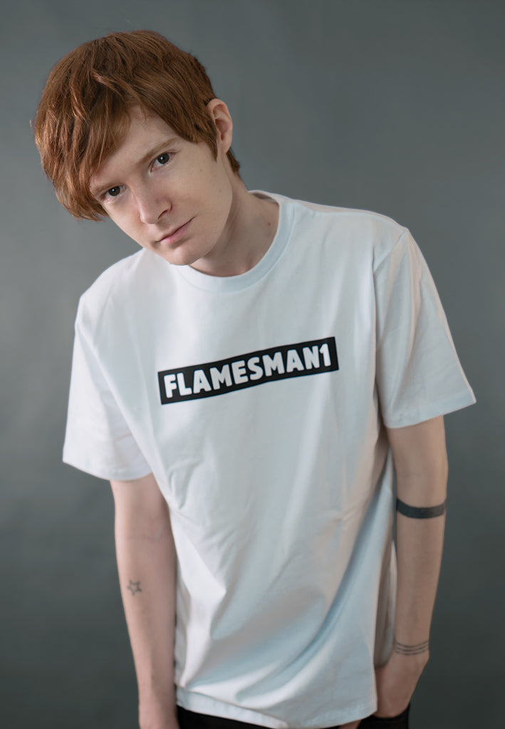 Flamesman1 - BLACK LOGO TEXT / White tee